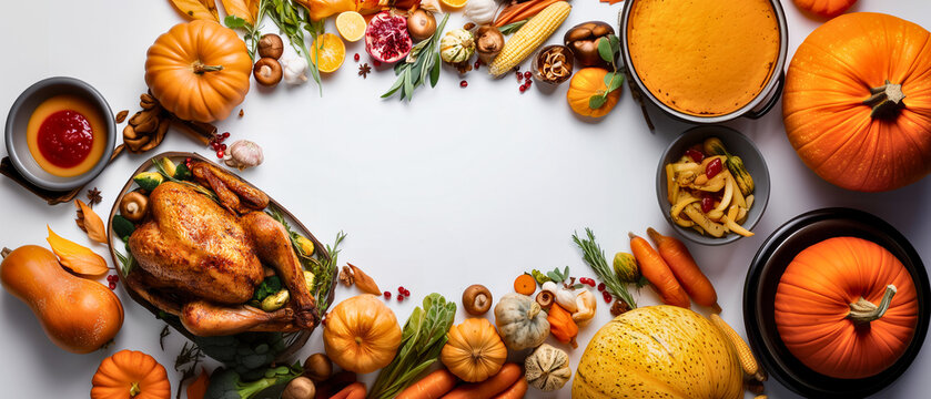 wide delicious autumn food frame; white center as a copy space