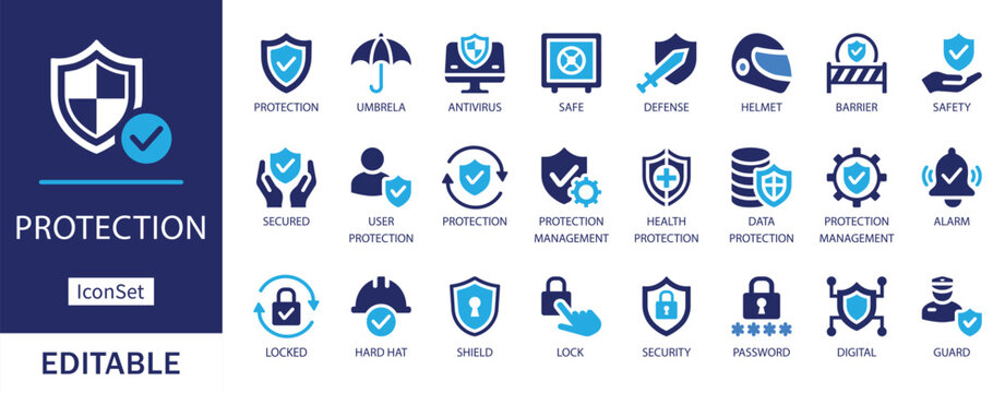 protection icon set. Featuring shield, lock, antivirus, safety, security, password, helmet, alarm, user protection, and guard symbols in blue color scheme.