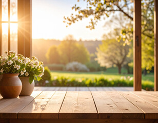 Spring morning view from a wooden porch with flowers