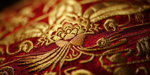 Detailed close up of embroidered fabric showcasing intricate gold patterns rich red background