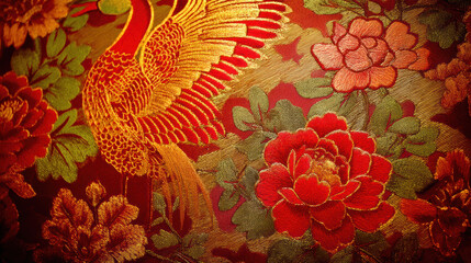 Vibrant close up of embroidered fabric featuring crane and floral patterns, showcasing intricate