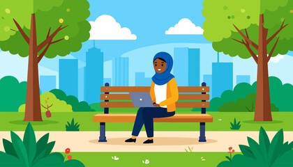 A smiling woman in a blue hijab and yellow cardigan working on a laptop while sitting on a park bench.