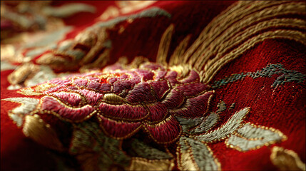 Vibrant close up of intricate embroidery showcasing floral patterns rich red fabric