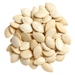 A Pile Of Dried Pale Pumpkin Seeds Oval Shaped With A isolated on transparent background. PNG die-cut for advertising