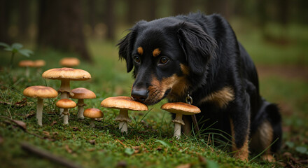 Dog sniffing mushrooms in forest during autumn season