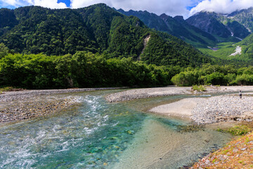 夏の上高地と穂高連峰の絶景を望む清流と緑の風景

