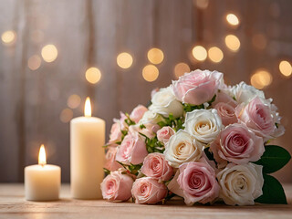 Pink and white roses with lit candles pink roses bouquet