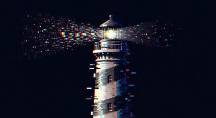 Lighthouse with digital glitch effect against dark night sky