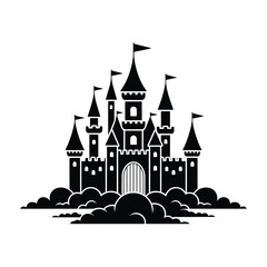Black and White Fantasy Castle Silhouette with Flags and Clouds