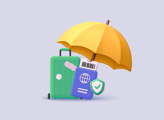 A vibrant 3D illustration representing travel insurance. Includes a green suitcase, blue passport with boarding pass, yellow umbrella, and security shield. Perfect for topics related to travel safety.