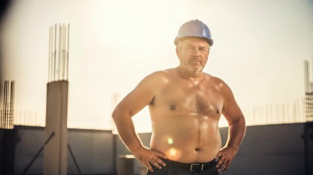 A shirtless, weathered construction worker with a hard hat stands confidently on a building site under a bright sky, symbolizing manual labor, hard work, construction industry, and blue-collar strengt
