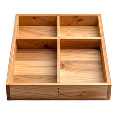 Empty wooden organizer box with six compartments and visible wood grain texture isolated on transparent background. PNG die-cut for advertising