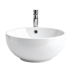 Clean White Ceramic Basin With A Single Modern Chrome Faucet And Drain isolated on transparent background. PNG die-cut for advertising