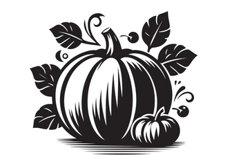 pumpkin with leaves logo silhouette vector, halloween pumpkin with leaves logo silhouette, silhouette of black pumpkin, autumn pumpkin logo silhouettes vector on white background 
