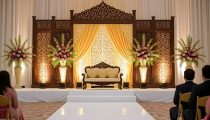 Traditional Malay wedding stage with carved wooden backdrop, songket fabric, and bunga telur decor