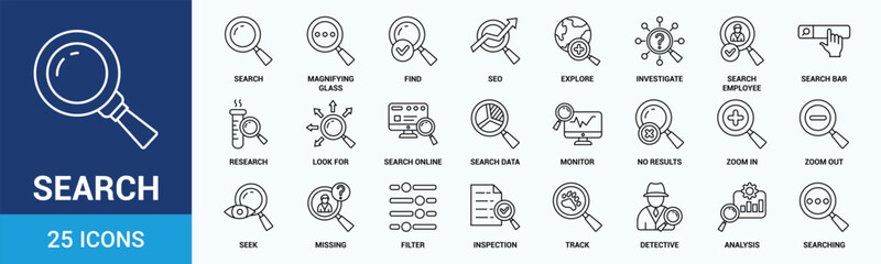 Search icon set. Containing magnifying glass, find, research, SEO and investigate icons. Outline icon collection. Vector illustration.