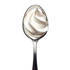 A Spoonful Of Fluffy White Cream Swirled Elegantly On A Silver Spoon Against A Stark isolated on transparent background. PNG die-cut for advertising