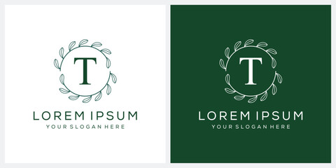 Initial letter T cosmetic spa and fashion logo design, serif font symbol icon, green leaf organic graphic vector
