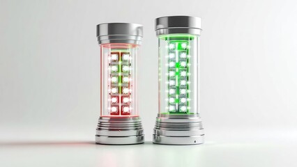 Two futuristic containers with led lights glowing in red and green on a white background
