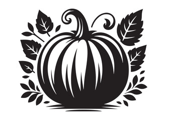 pumpkin with leaves logo silhouette vector, halloween pumpkin with leaves logo silhouette, silhouette of black pumpkin, autumn pumpkin logo silhouettes vector on white background 