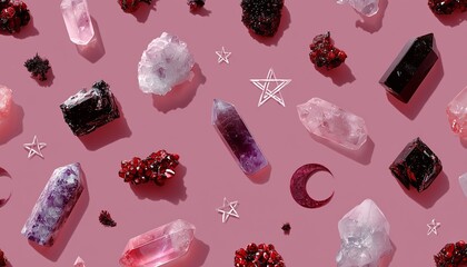 Vibrant crystals and decorative stars arranged on a pink surface, creating a mystical and colorful aesthetic.