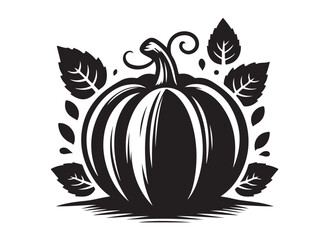 pumpkin with leaves logo silhouette vector, halloween pumpkin with leaves logo silhouette, silhouette of black pumpkin, autumn pumpkin logo silhouettes vector on white background 