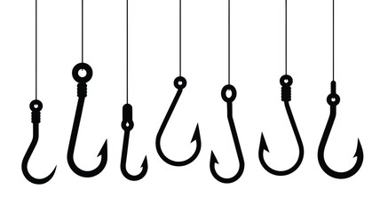Various fishing hooks hanging in a row on white background