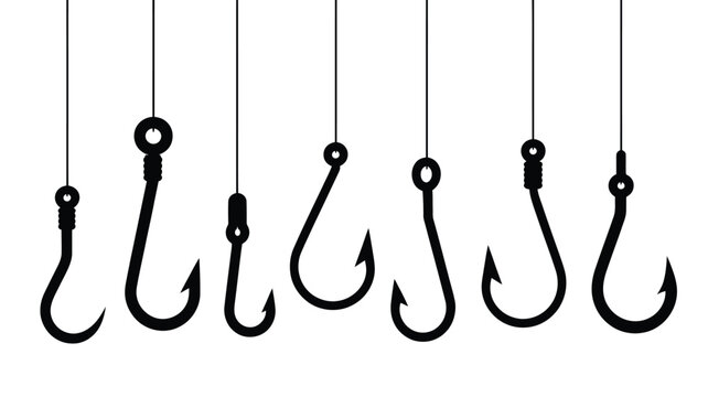 Various fishing hooks hanging in a row on white background