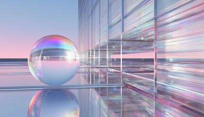 A holographic glass sphere in a reflective, futuristic setting with colorful light refractions and a serene sky backdrop.
