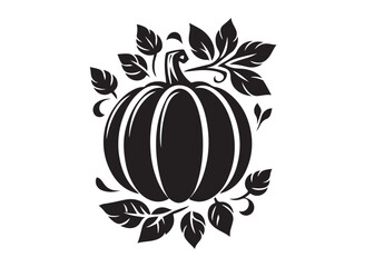 pumpkin with leaves logo silhouette vector, halloween pumpkin with leaves logo silhouette, silhouette of black pumpkin, autumn pumpkin logo silhouettes vector on white background 