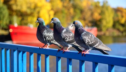 Three pigeons on a blue railing, autumnal background
