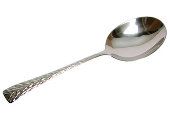 Polished metal spoon with textured handle isolated on a transparent background silver