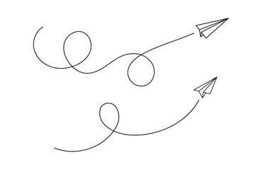 Paper plane flying with air path and vector line for flight or message travel. Aeroplane or toy jet in outline form with track, trail