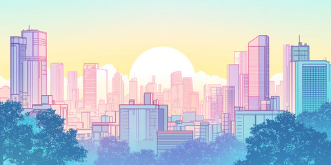 Fototapeta premium 夕焼けに染まる都会のビル群を描いたアニメ風イラスト｜サンセット｜都市｜風景｜レトロアニメ｜高層ビル｜オレンジ色の空｜懐かしい風景｜シティポップ｜背景素材｜街並み｜光｜夕暮れの景色