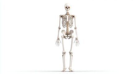 3D medical illustration of full human skeleton standing upright in anatomical position, white background, clean and detailed