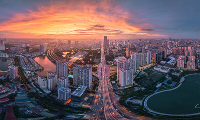 Aerial view of Hanoi cityscape at sunset. Urban landscape background