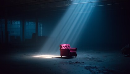 An isolated red armchair under dramatic light beams, placed in the center of a dark, abandoned warehouse setting.