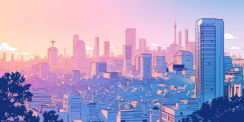 夕暮れ時の高層ビル群とオレンジ色の空が印象的な都市風景イラスト｜サンセット｜都市｜アニメ風｜黄昏｜レトロ｜シティ｜昭和｜ノスタルジー｜ネオン｜街並み｜遠景｜黄昏時｜光と影の風景｜アート素材