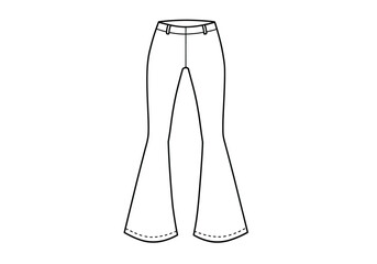 Bell bottom drawing. It is a black and white outline image of bell bottom pants, a style of trousers with a flared leg opening. Vector sketch line art draw.