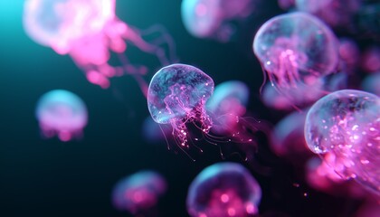 Ethereal pink jellyfish drift gracefully in dark ocean waters, illuminated by bioluminescent glow, creating a mesmerizing underwater scene.