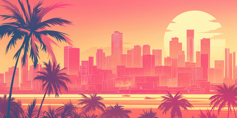 オレンジに染まる夕暮れの都市｜アニメ風のレトロ感漂う高層ビルの風景｜サンセットイラスト素材｜ノスタルジックな街の空｜光と影のコントラスト｜懐かしさ感じるアート｜昭和アニメ風描写