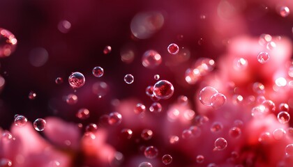 Red bubbles float against a blurred rosy background, creating a serene and dreamlike abstract visual experience.