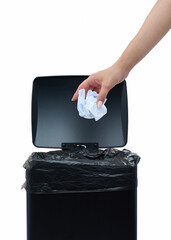 black plastic trash can on a white background