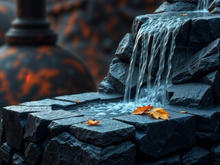 Serene mini waterfall flowing over stacked stones with autumn leaves, tranquil nature scene. Generative AI