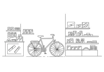 Fototapeta premium Bike shop drawing. It is a black and white outline image of a bike shop, depicting a store selling bicycles and cycling accessories. Vector sketch line art draw.