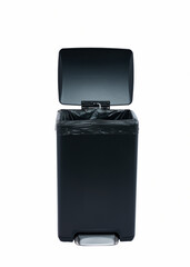 black plastic trash can on a white background