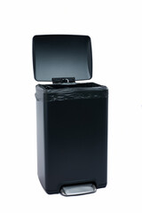 black plastic trash can on a white background