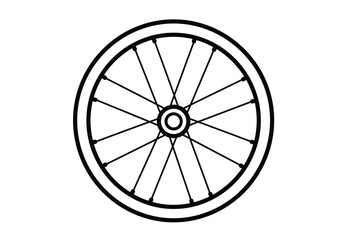 Bicycle wheel drawing. It is a black and white outline image of a bicycle wheel, an essential component of a bike or cycle, including rim, spokes, and hub. Vector sketch line art draw.
