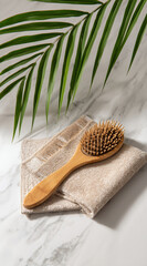 Wooden hairbrush resting on a folded cloth with a palm leaf in the background