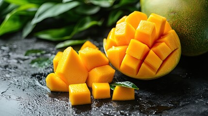 Fresh Ripe Mangoes with Sliced Cubes. 